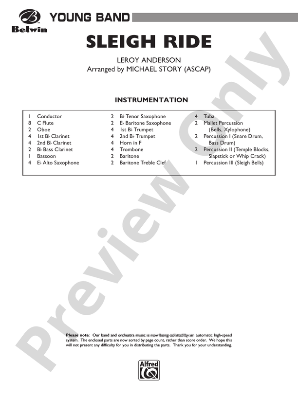 Sleigh Ride (Grade 2 Arr. Michael Story) - Concert Band Conductor Score & Parts (Digital Download)