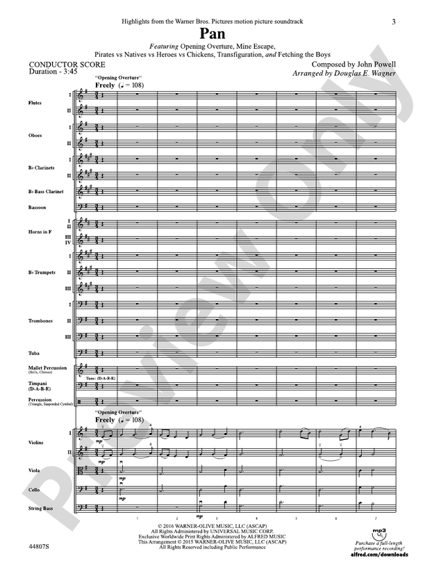 Pan: Highlights from the Warner Bros. Pictures Motion Picture Soundtrack – Full Orchestra Conductor Score & Parts (Digital Download)