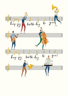 Greeting Card Happy Birthday to You Musicians Playing on a Stave