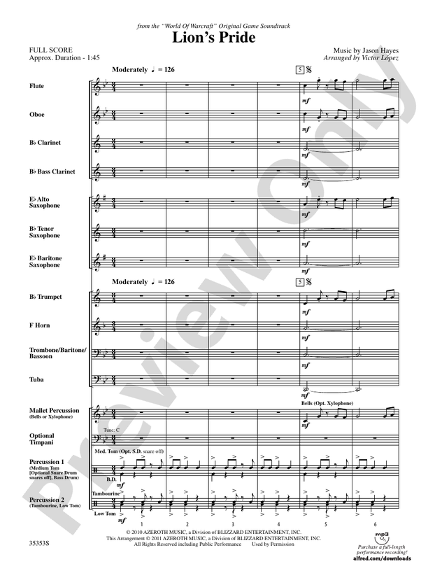 Lion's Pride (from the "World of Warcraft" Original Game Soundtrack) - Concert Band Conductor Score & Parts (Digital Download)