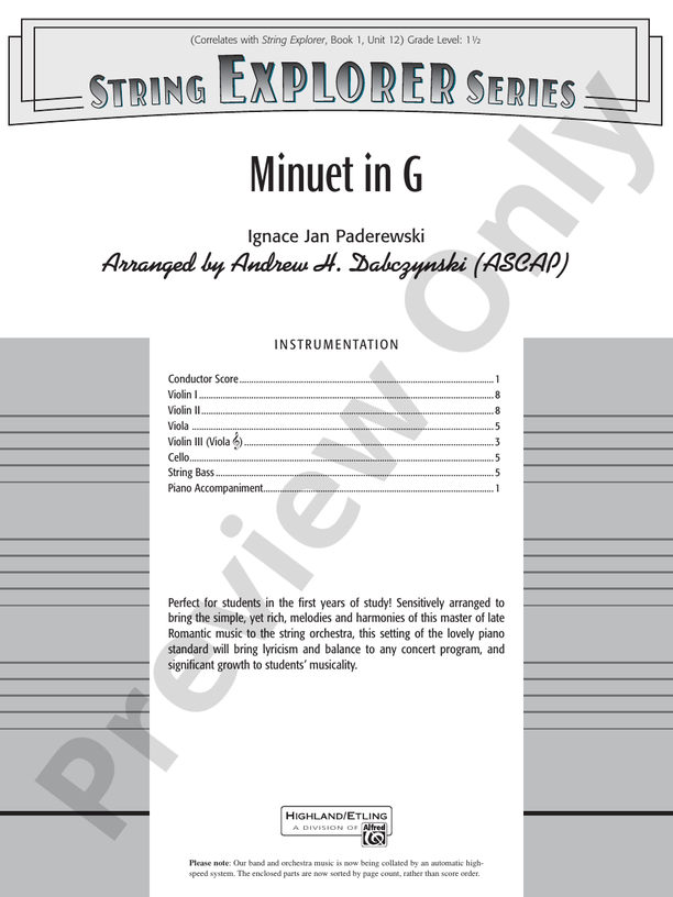 Minuet in G – String Orchestra Conductor Score & Parts (Digital Download)