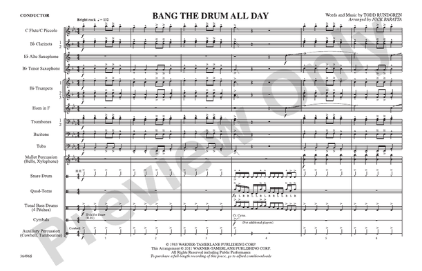 Bang the Drum All Day (Arr. Nick Baratta) – Marching Band Conductor Score & Parts (Digital Download)