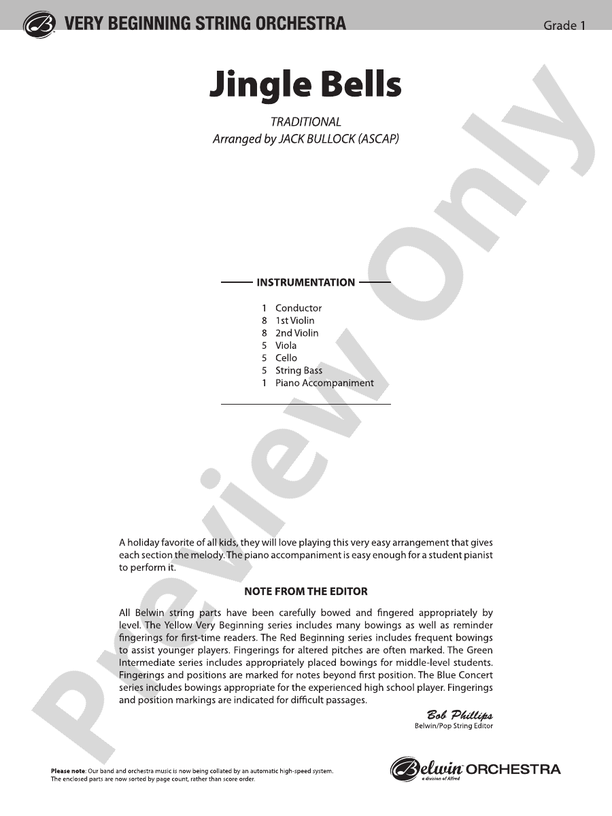 Jingle Bells (Grade 1) – String Orchestra Conductor Score & Parts (Digital Download)