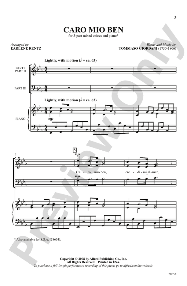 Caro Mio Ben – 3-Part Mixed Choral Octavo (Digital Download)