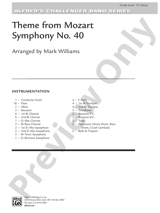 Theme from Mozart Symphony No. 40 - Concert Band Conductor Score & Parts (Digital Download)