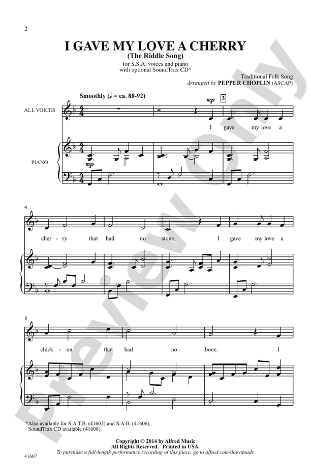 I Gave My Love a Cherry – SSA Choral Octavo - Digital Sheet Music Download (Digital Download)