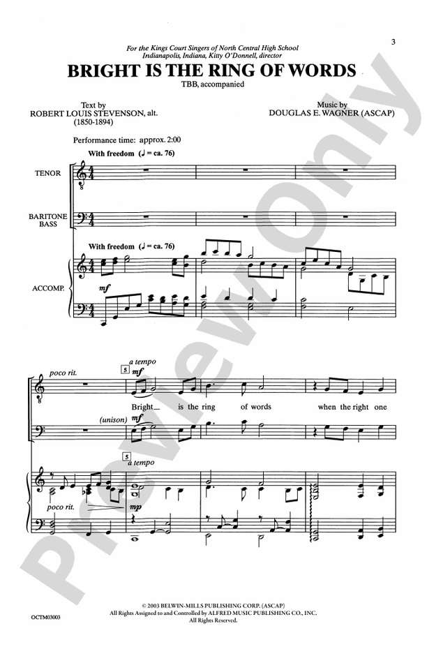 Bright Is the Ring of Words – TBB Choral Octavo (Digital Download)