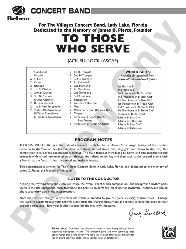 To Those Who Serve - Concert Band Conductor Score & Parts (Digital Download)